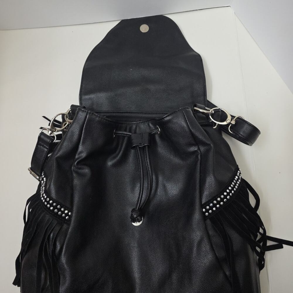 Black Boho Western Fringe Crossbody Purse Studded Faux Leather Shoulder Bag - Picture 7 of 12